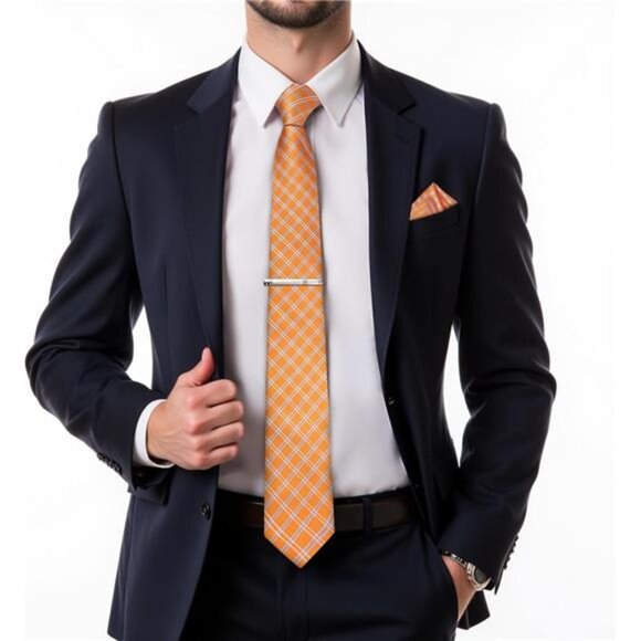 Plaid Ties for Men Silk Checkered Necktie and Pocket Square Cufflinks Tie Clip - Picture 2 of 7